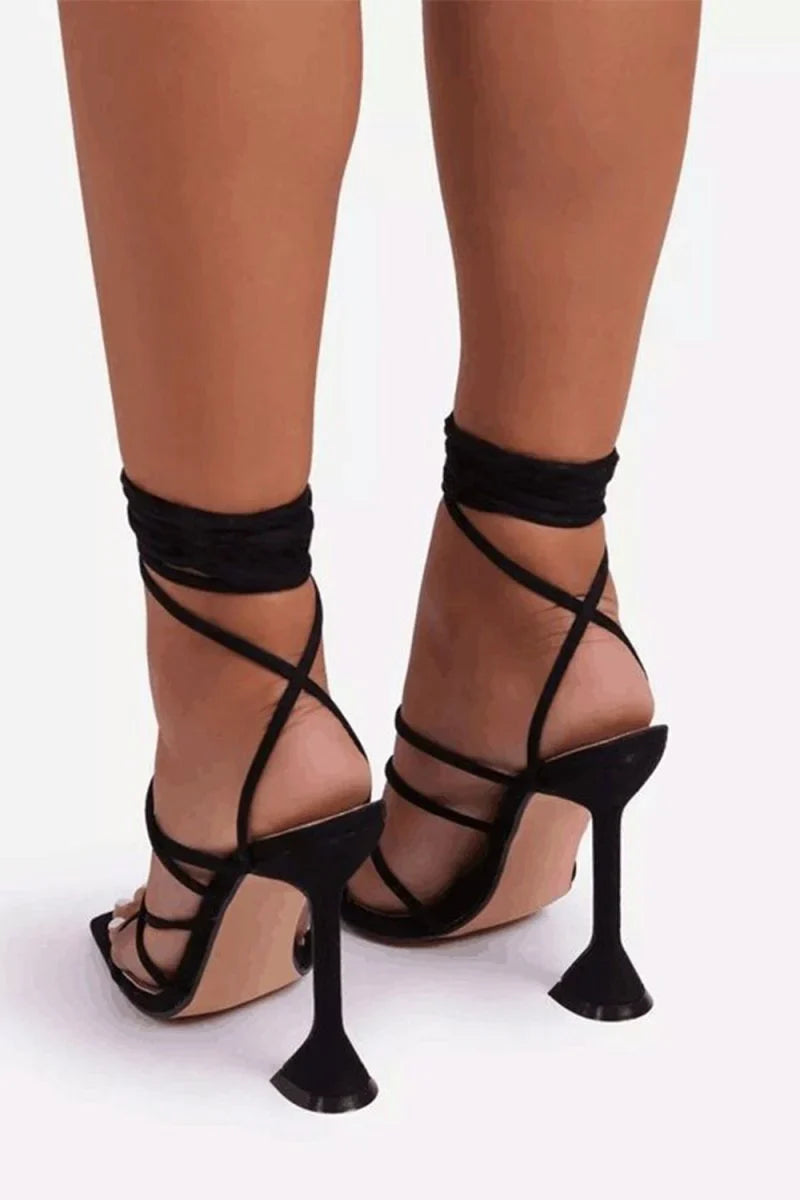 Square Open Toe Tie Up Ankle Strap Stiletto Heels