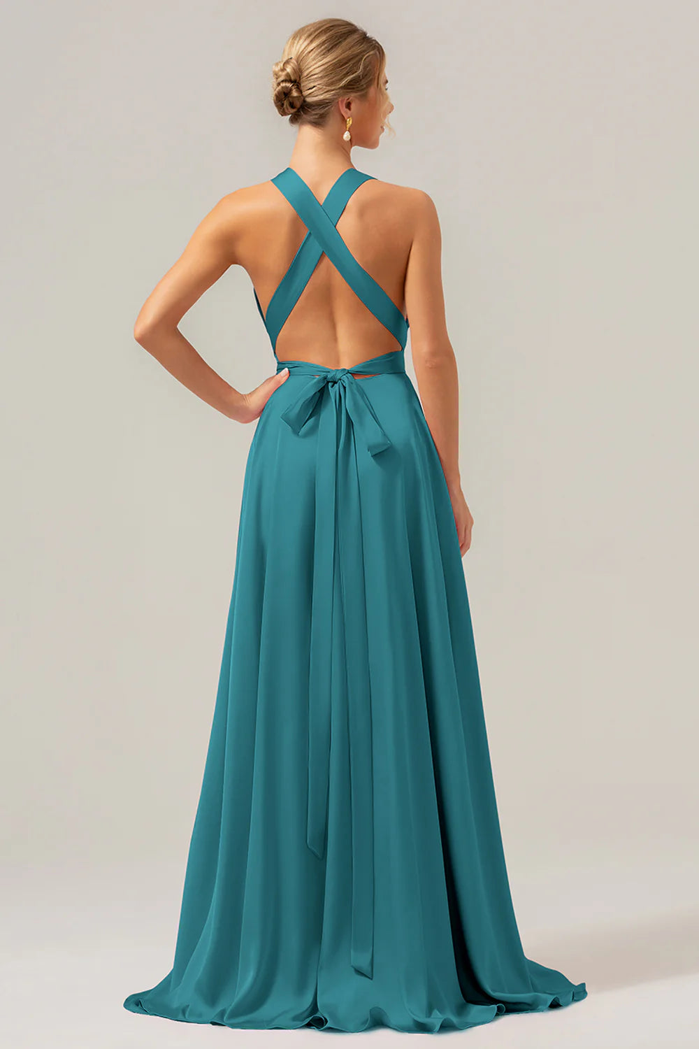 Pink A Line Deep V Neck Lace Up Back Long Satin Bridesmaid Dress with Slit