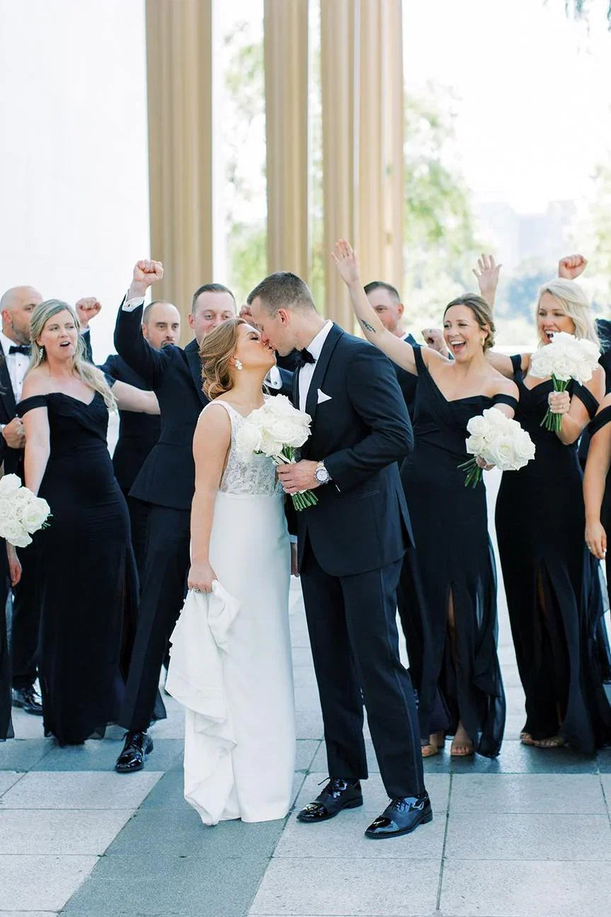Black Mermaid Off Shoulder Side Slit V Neck Chiffon Long Bridesmaid Dress