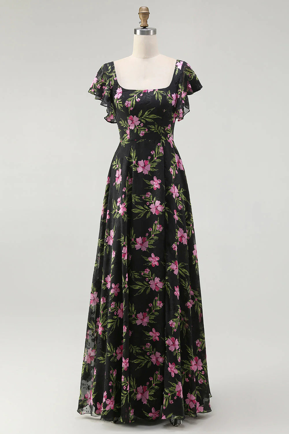 Black Pink Flower A Line Square Neck Printed Long Bridesmaid Dress with Flutter Sleeves