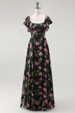 Black Pink Flower A Line Square Neck Printed Long Bridesmaid Dress with Flutter Sleeves