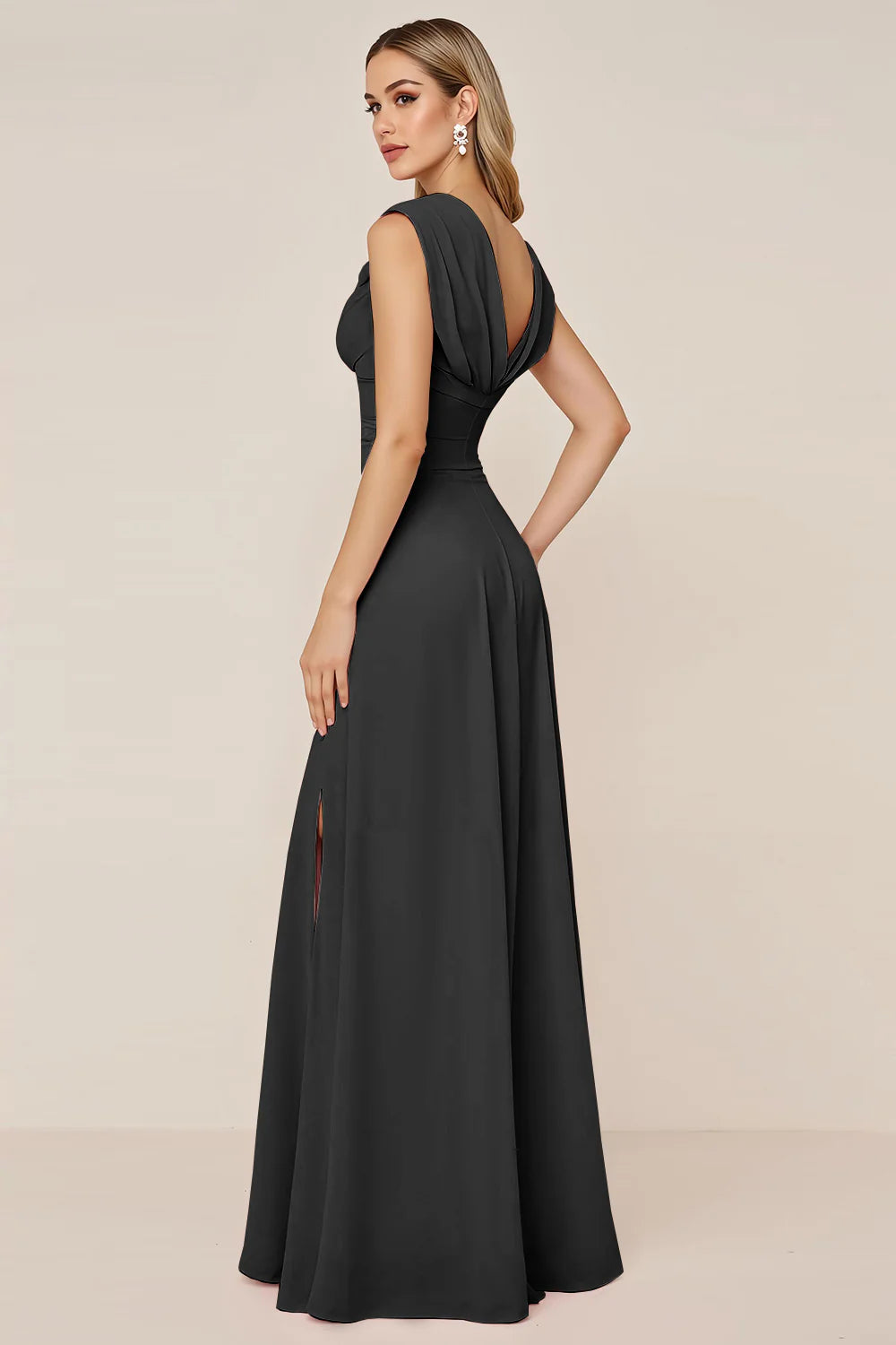 Burgundy A Line Cowl Neck Long Bridesmaid Dress with Slit