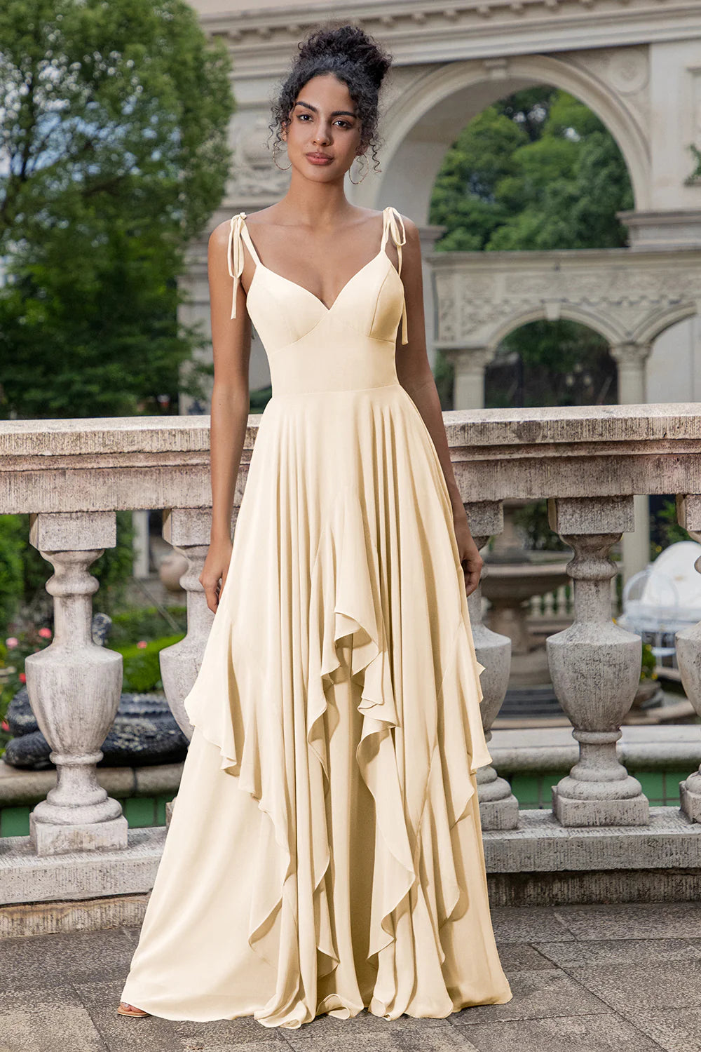 Pine A Line Spaghetti Straps Chiffon Long Asymmetrical Bridesmaid Dress with Ruffles