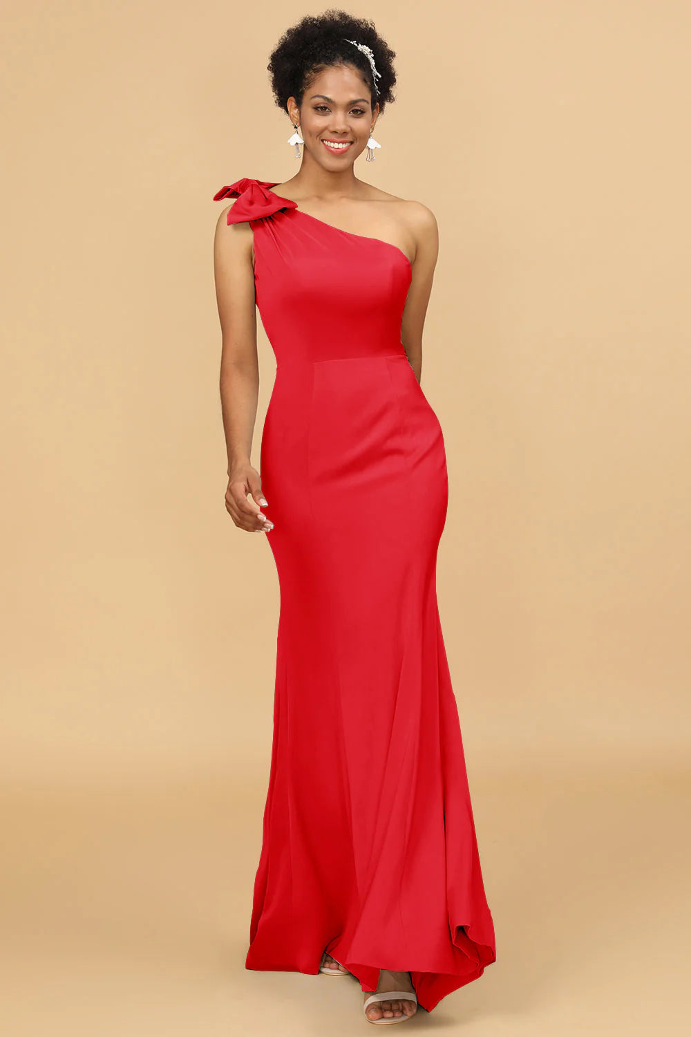 Mermaid One Shoulder Satin Long Bridesmaid Dress With Bowknot
