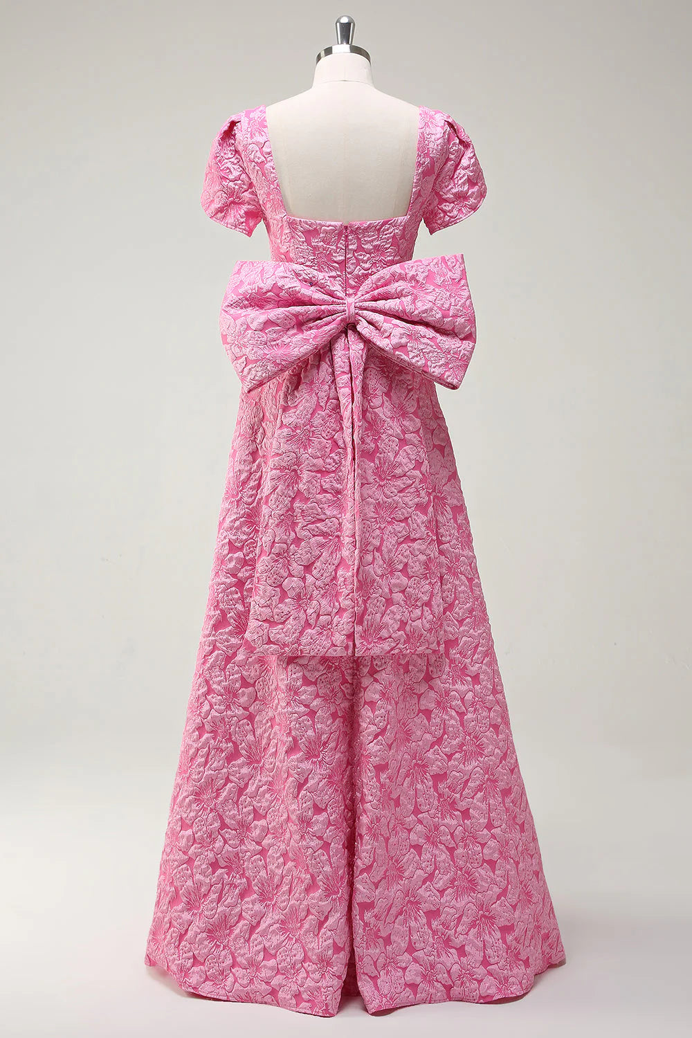 Fuchsia A Line Square Neck Bow Back Brocade Floral Maxi Prom Dress with Slit