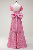 Fuchsia A Line Square Neck Bow Back Brocade Floral Maxi Prom Dress with Slit