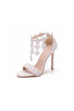 White Lace Flowers Tassels Open Toe Ankle strap Ultra High Heels