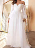 A Line Off the Shoulder Long Sleeves Chiffon Floor Length Wedding Dress
