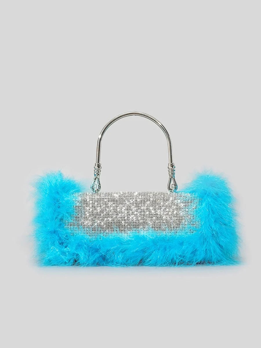 Womens Furry Rhionestones Evening Clutch Bags
