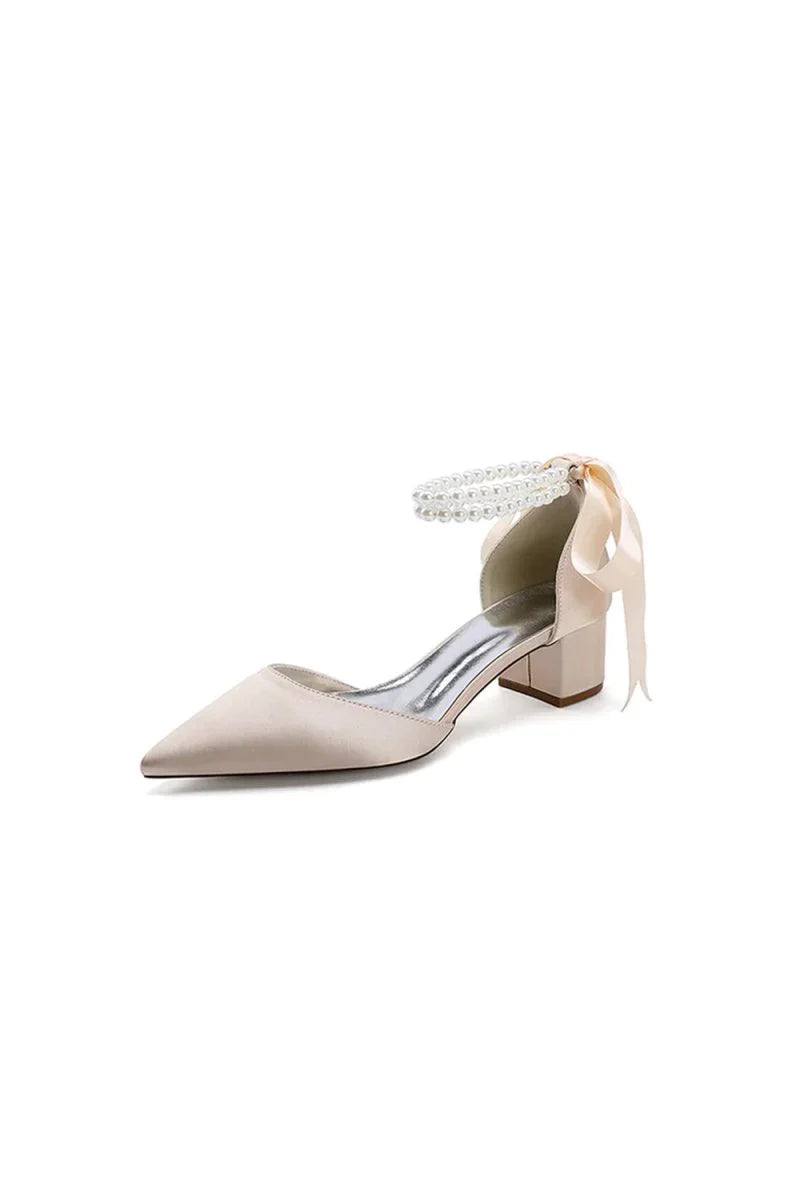 Pointed Toe Double Pearl Ankle Strap Party Shoes With Ribbon Tie