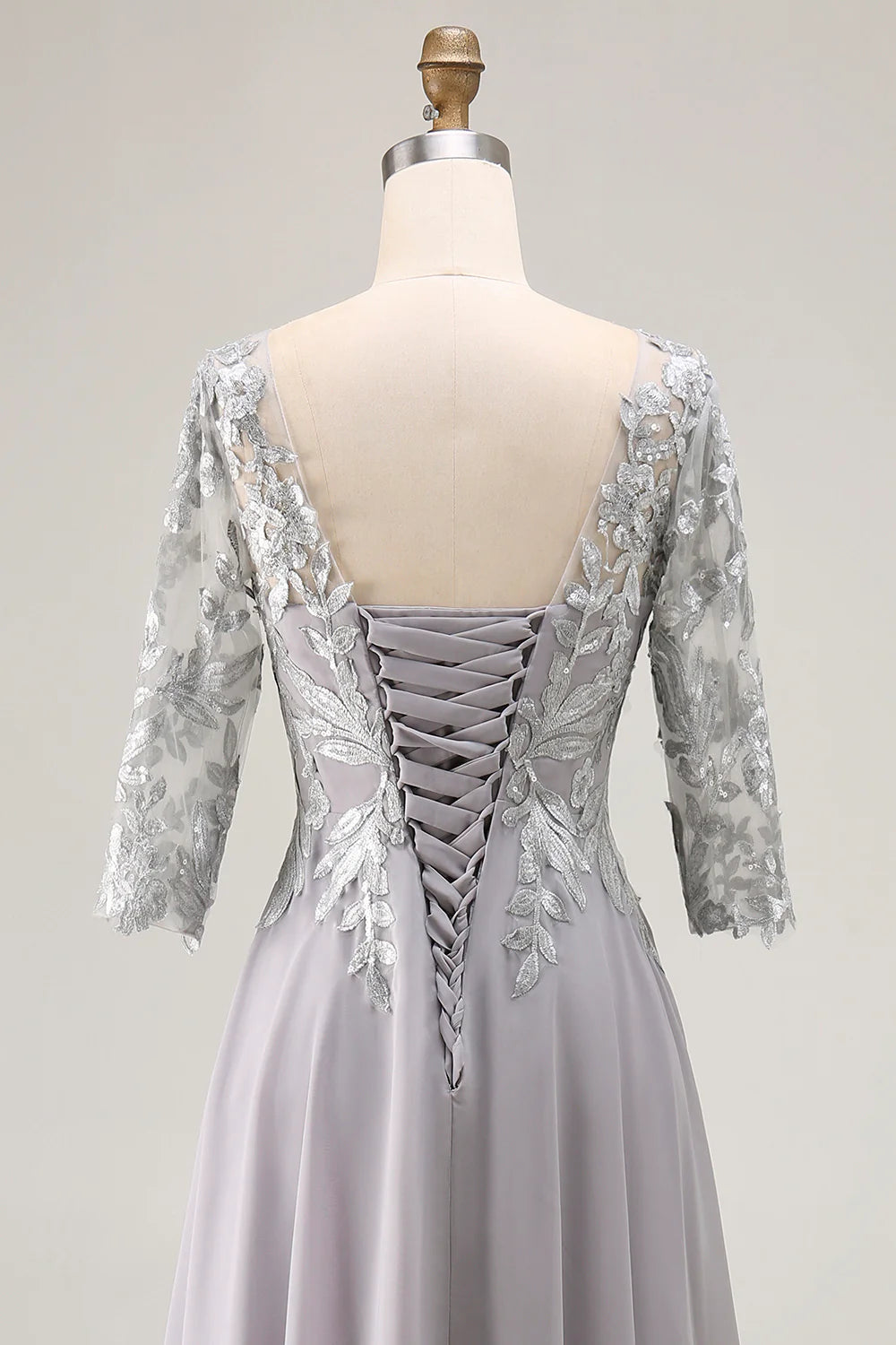 Silver Appliqued A Line V Neck Long Mother Of The Bride Dress with Lace Up Back