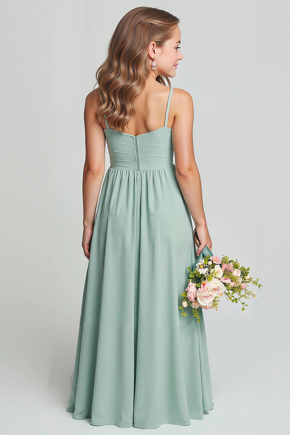 Matcha Spaghetti Straps Ruched A Line Junior Bridesmaid Dress