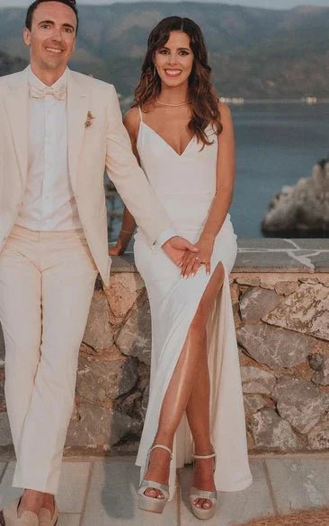 Simple Mermaid Satin Wedding Dress With Split Front And Deep V Back