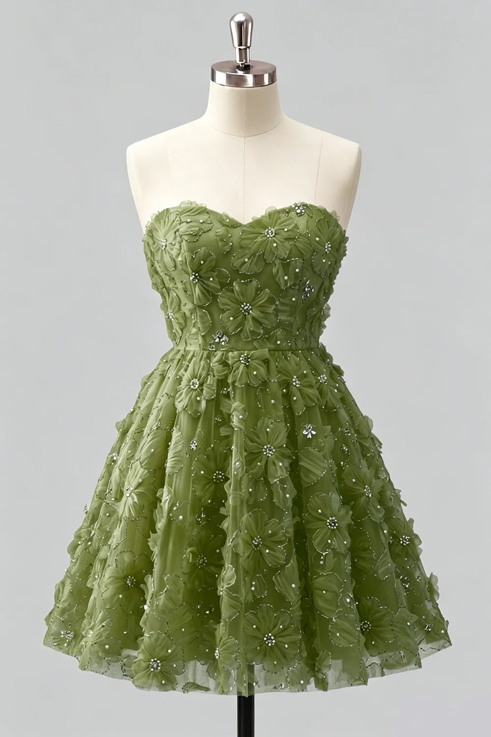 Sage Beaded Strapless A Line Short Homecoming Dress