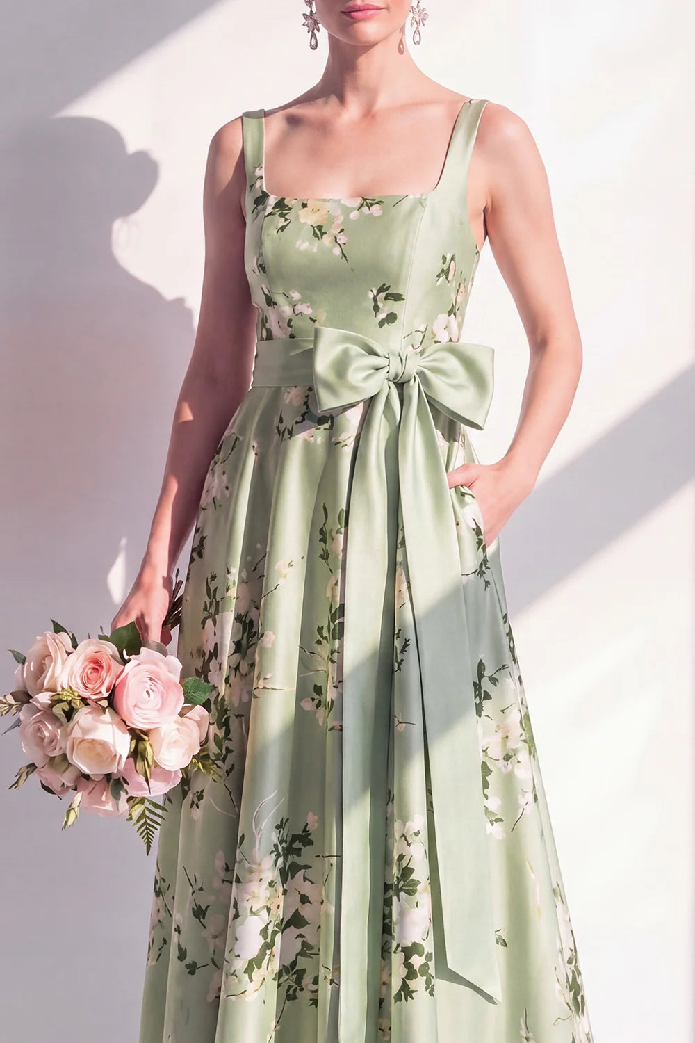 Printed Floral A Line Square Neck Sage Green Bridesmaid Dress with Pockets