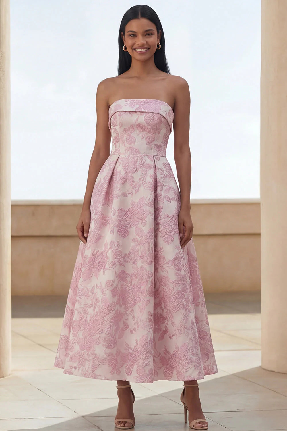 Floral Blue Strapless A Line Wedding Guest Dress