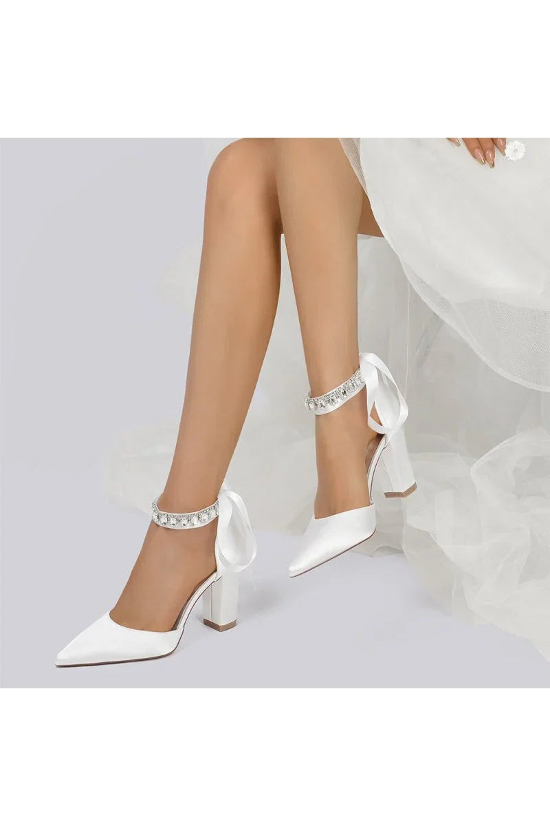 Rhinestone Ribbon Pointed Toe Ankle Strap Chunky Heel