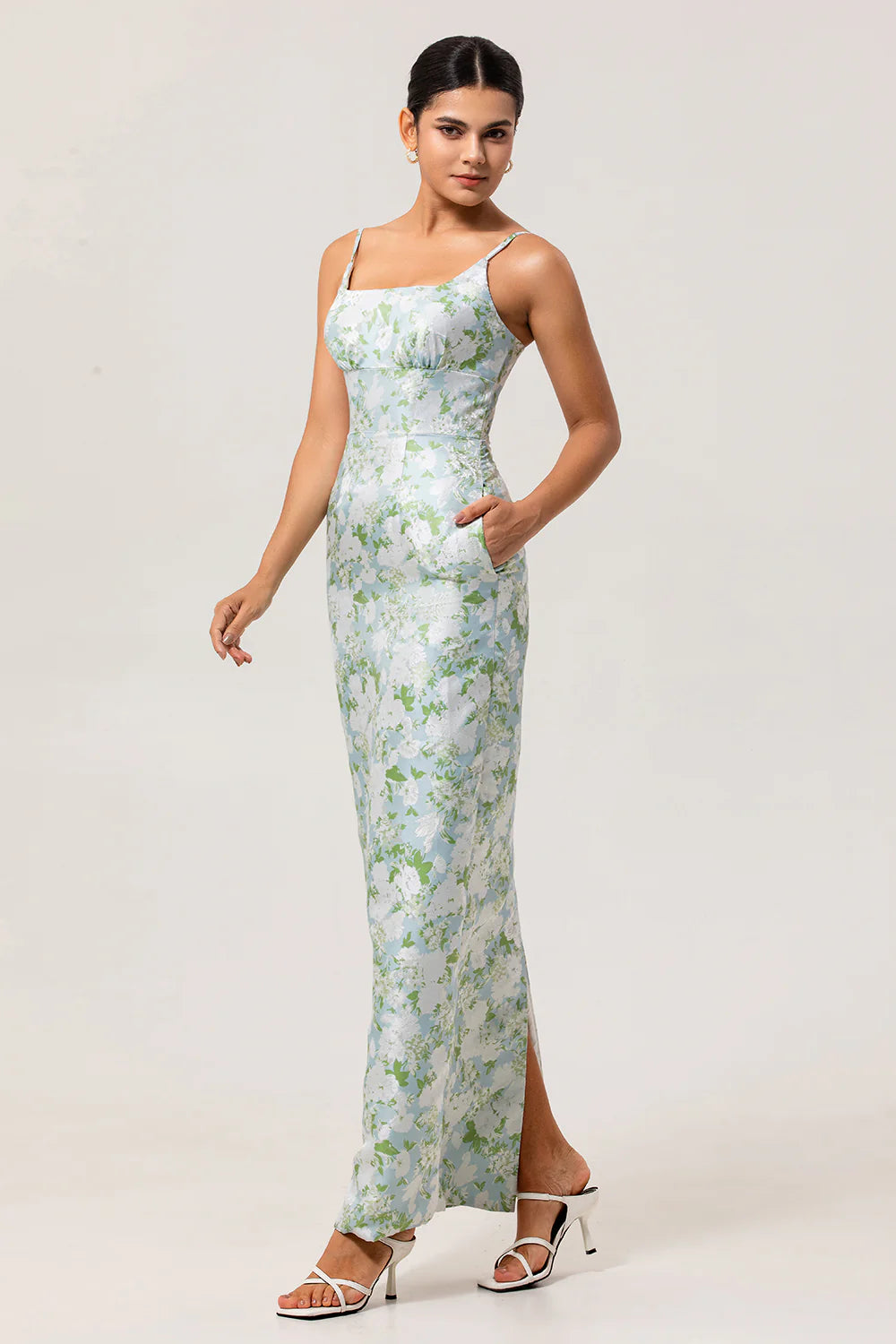White Flower Sheath Spaghetti Straps Print Long Bridesmaid Dress with Back Slit