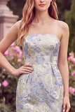 Strapless Light Blue Floral Jacquard Sheath Midi Wedding Guest Dress