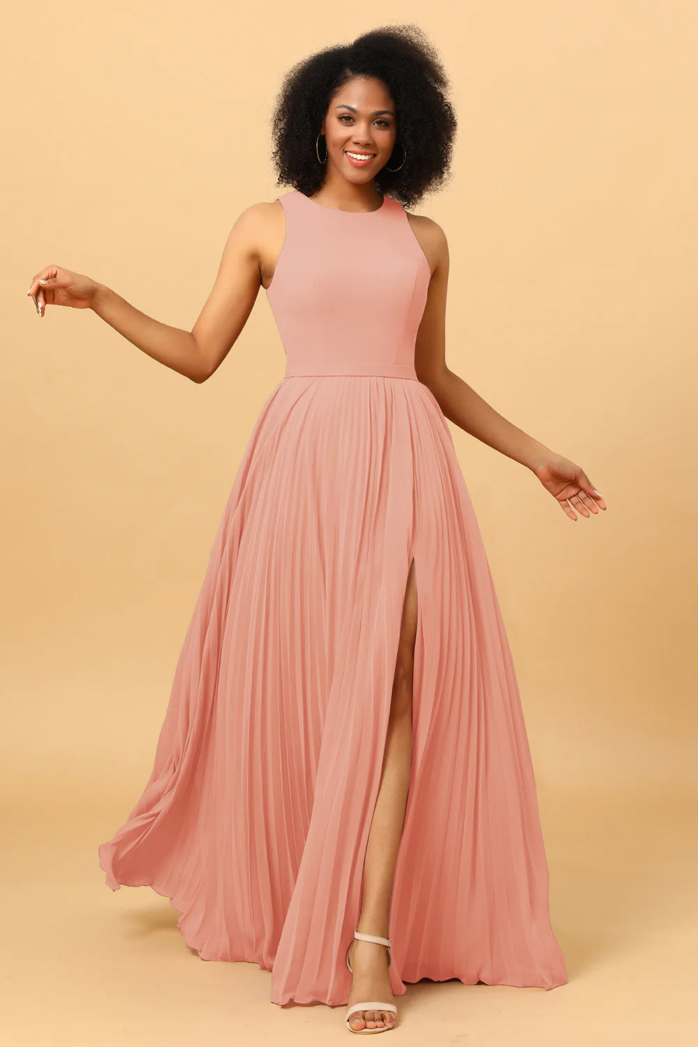 A Line Pleated Long Chiffon Bridesmaid Dress with Ruffles