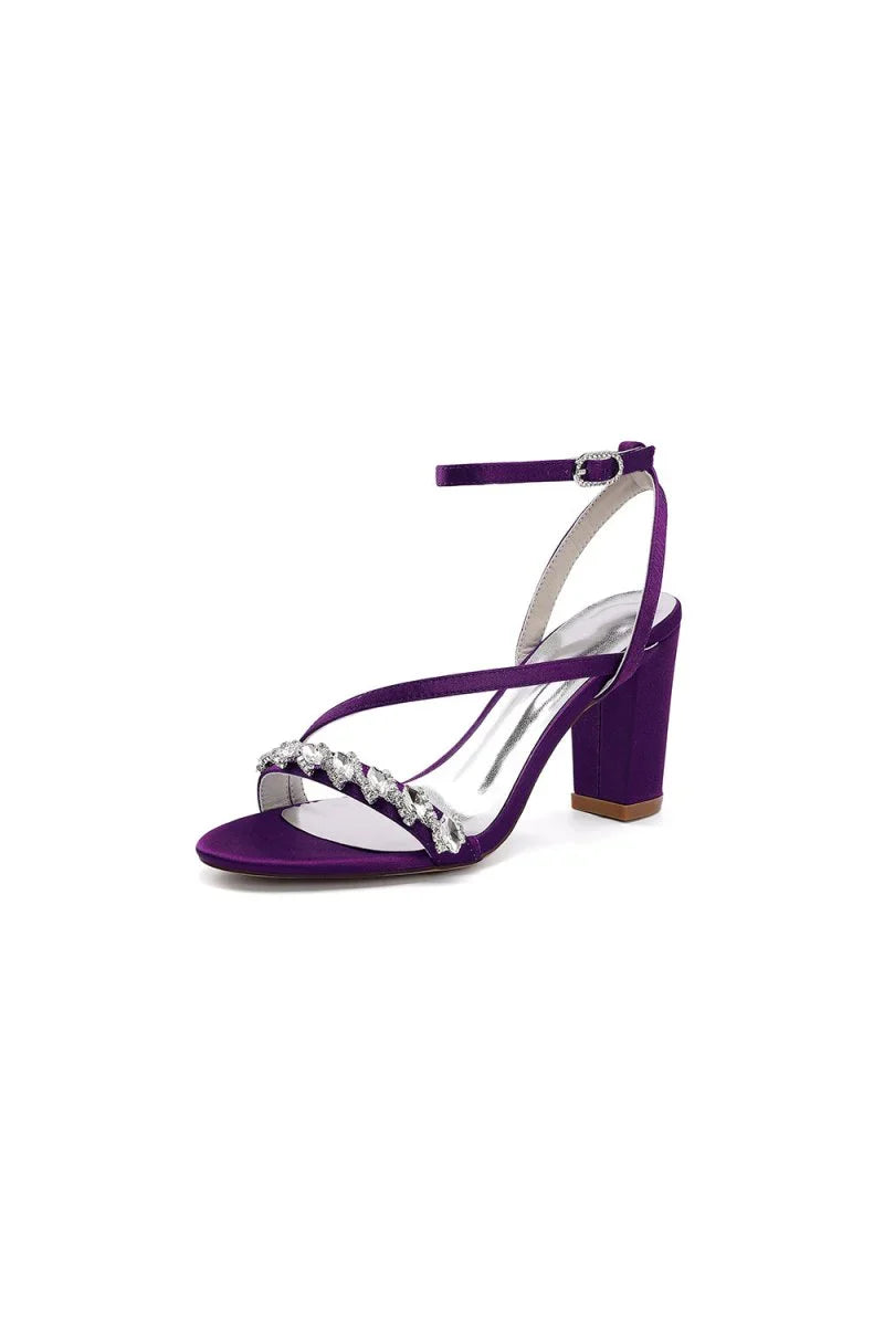 Open Toe Ankle Strap Satin Chunky Heels With Rhinestone