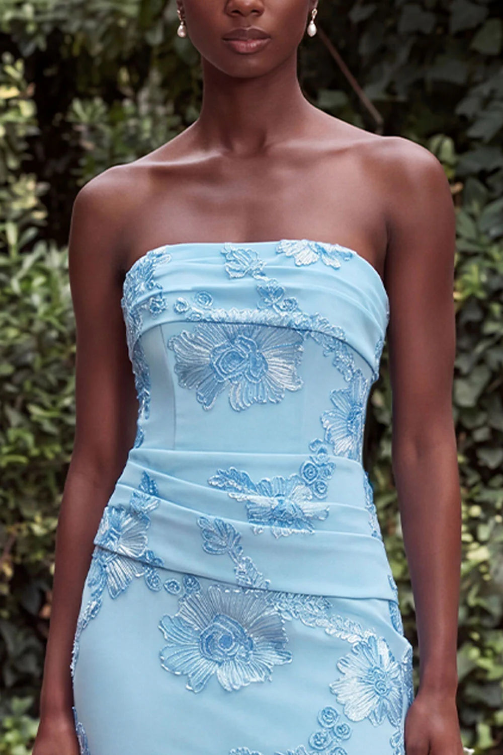 Strapless Blue Mermaid Floral Embroidery Wedding Guest Dress