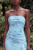 Strapless Blue Mermaid Floral Embroidery Wedding Guest Dress