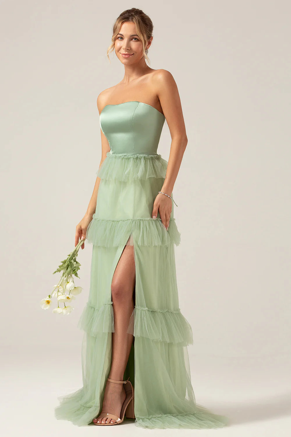 Matcha A Line Tiered Strapless Tiered Long Bridesmaid Dress With Slit