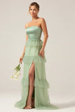 Matcha A Line Tiered Strapless Tiered Long Bridesmaid Dress With Slit