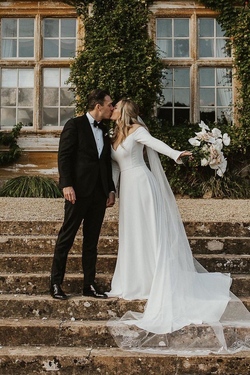 Simple A Line Off the Shoulder Long Sleeves White Satin Wedding Dresses