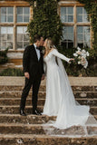 Simple A Line Off the Shoulder Long Sleeves White Satin Wedding Dresses