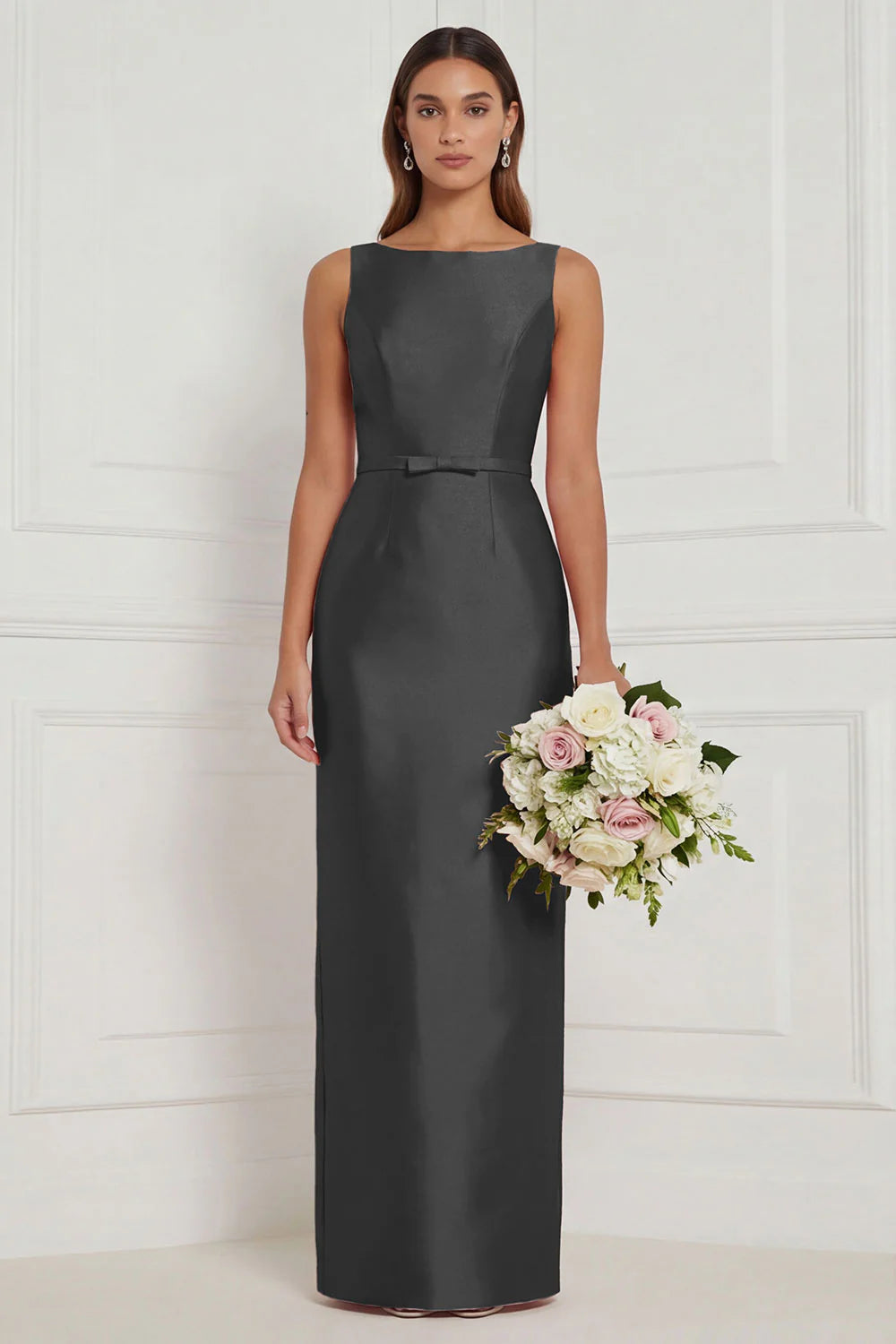 Sage Green Sheath Bateau Neck Satin Bridesmaid Dress