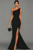 Black Mermaid One Shoulder Long Formal Dress with Slit