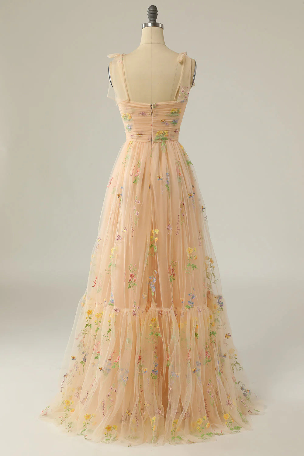 Grey Blue A Line Spaghetti Straps Tulle Floral Long Prom Dress With Embroidery