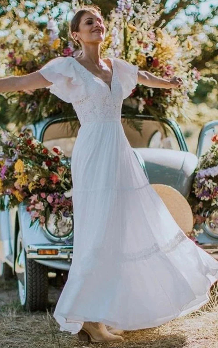 A Line V neck Lace Floor length Short Sleeve Wedding Dress with Ruffles