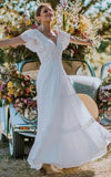 A Line V neck Lace Floor length Short Sleeve Wedding Dress with Ruffles