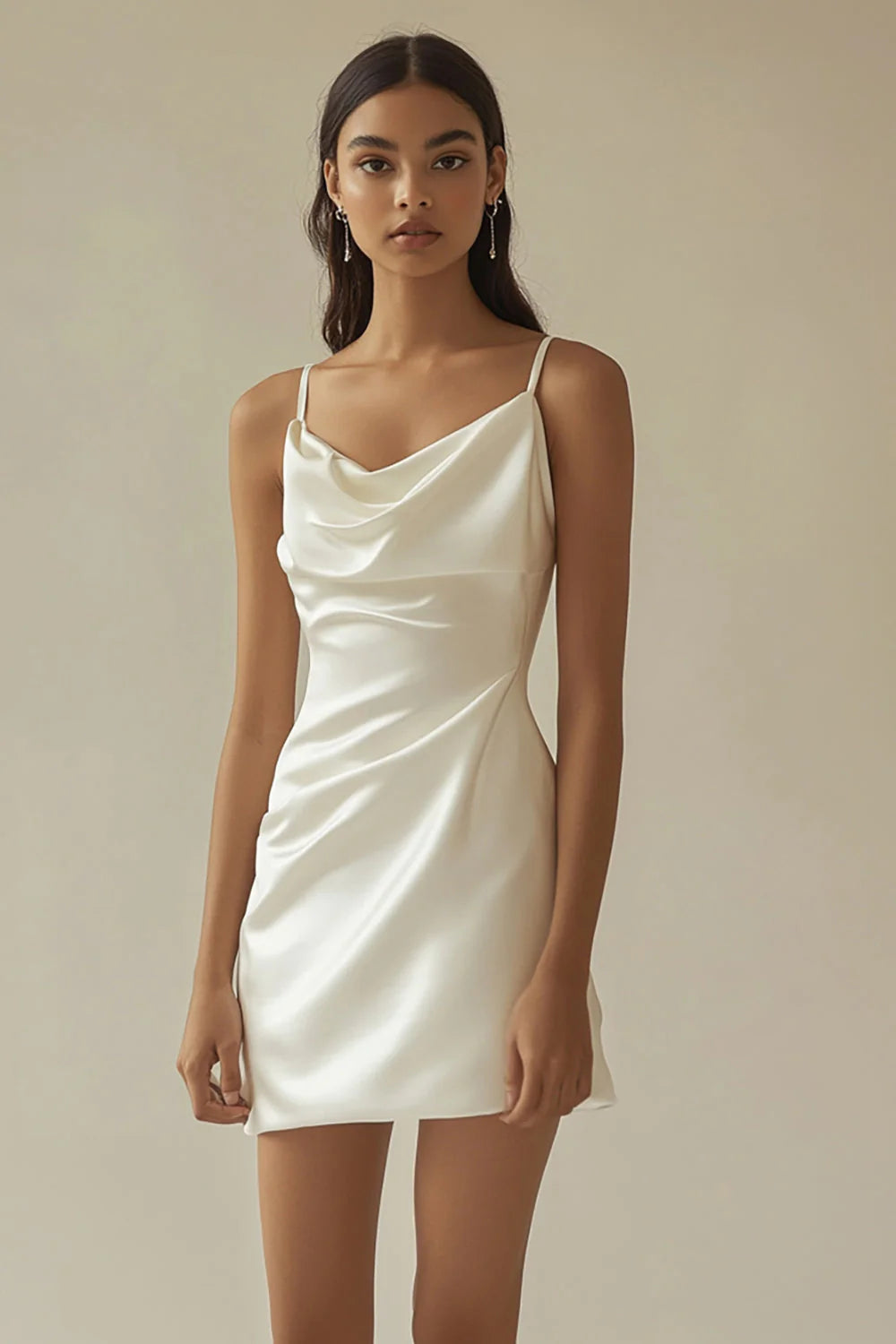 White Cowl Neck Satin Short Graduation Dress
