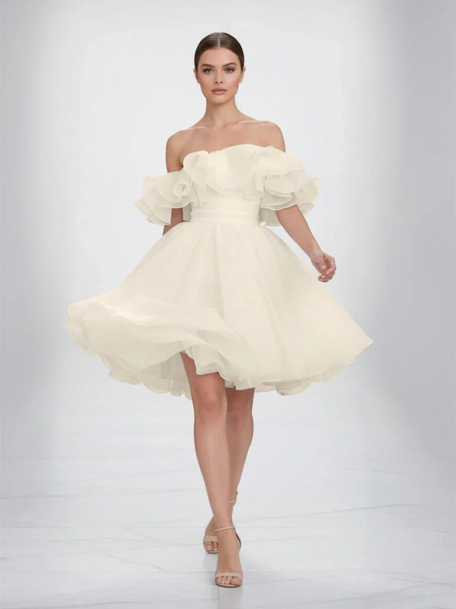 A Line Off The Shoulder Sleeveless Short Mini Organza Wedding Dresses