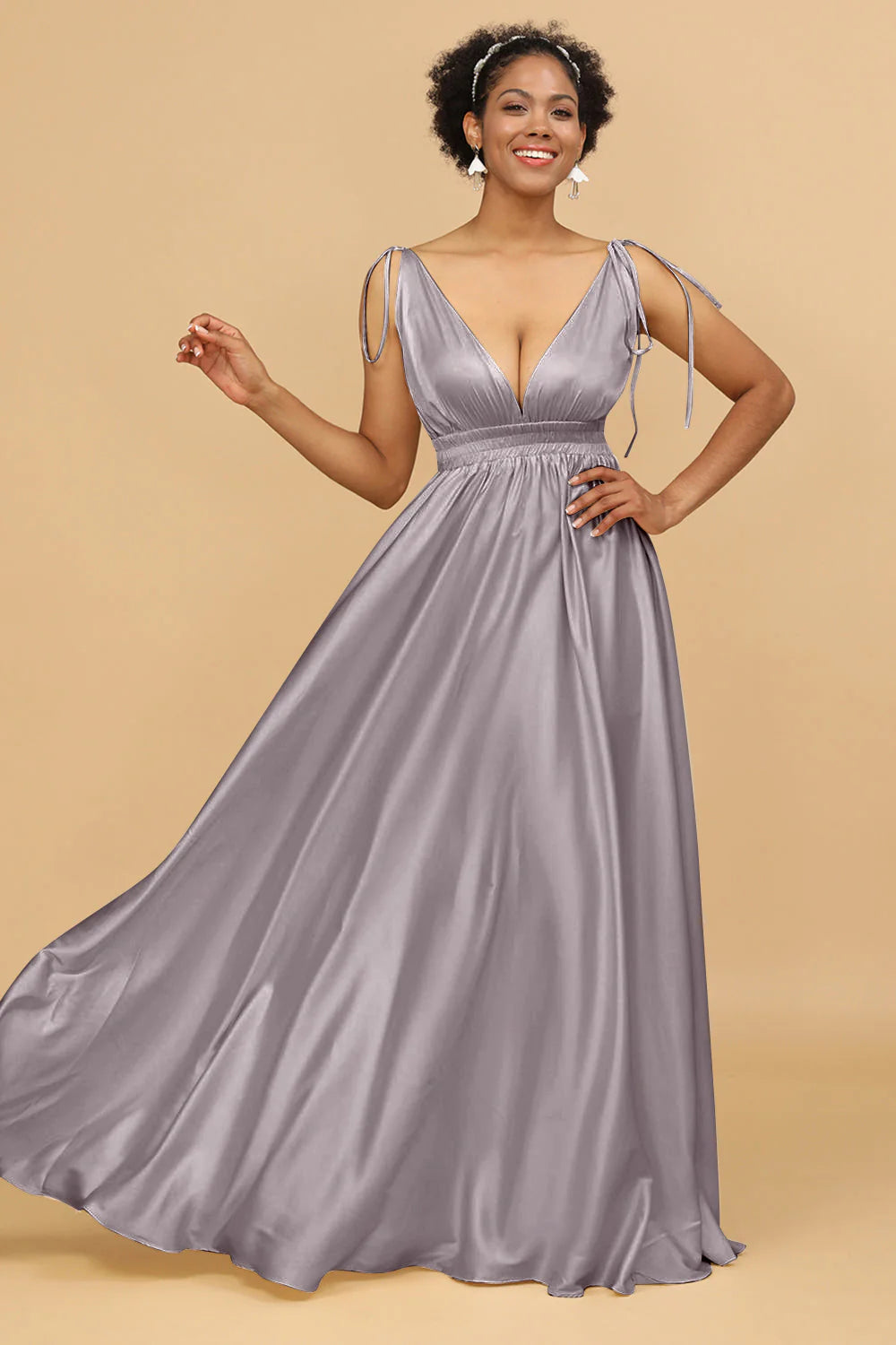 A Line Deep V Neck Backless Floor Length Bridesmaid Dress