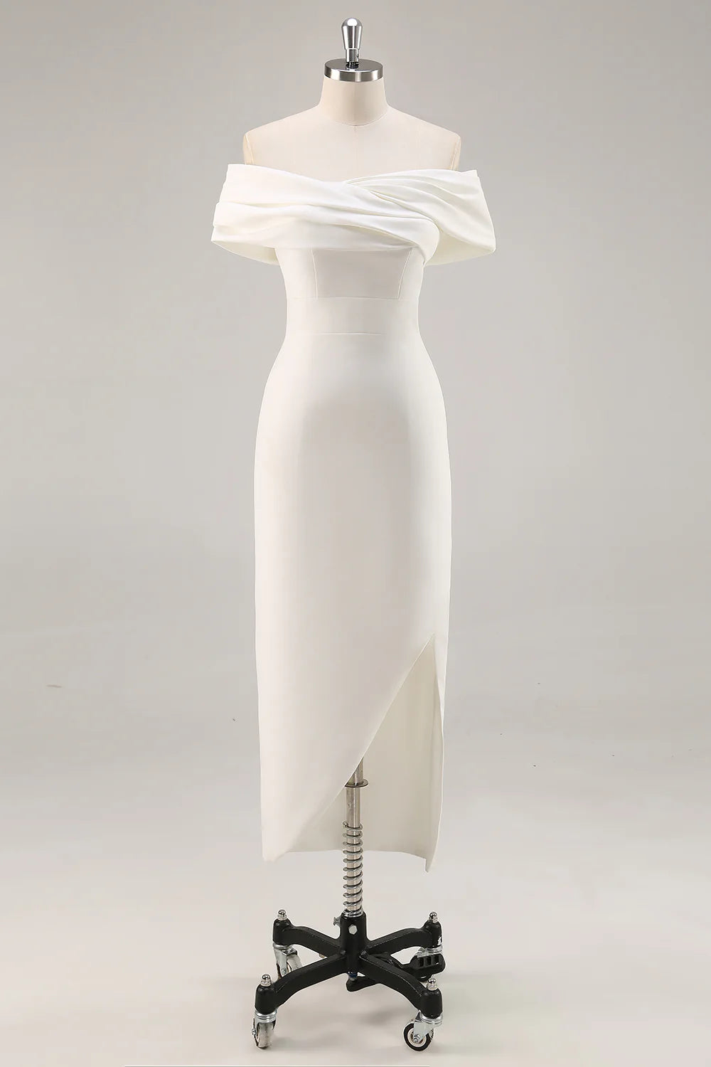 White Off the Shoulder Sheath Matte Satin Graduation Dress With Slit
