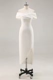 White Off the Shoulder Sheath Matte Satin Graduation Dress With Slit