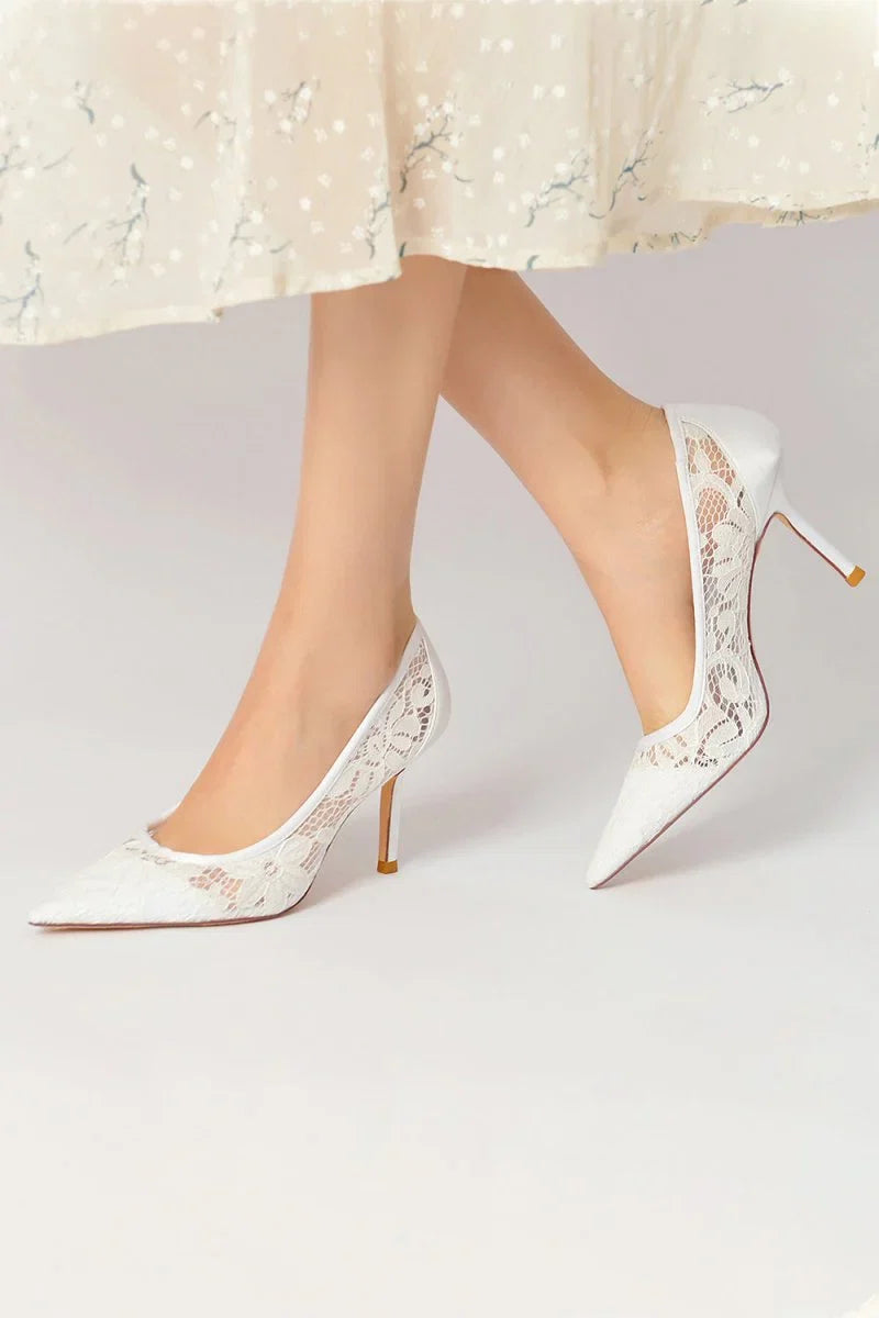 Pointed Toe Bridal Heels with Lace