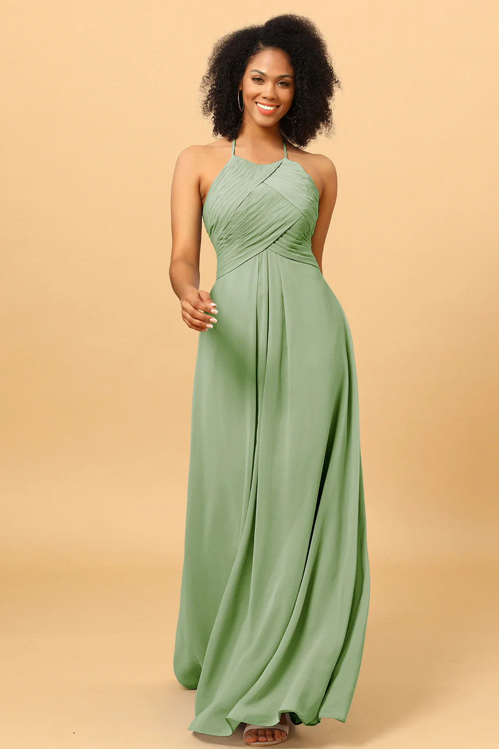 Sheath Halter Open Back Long Chiffon Bridesmaid Dress