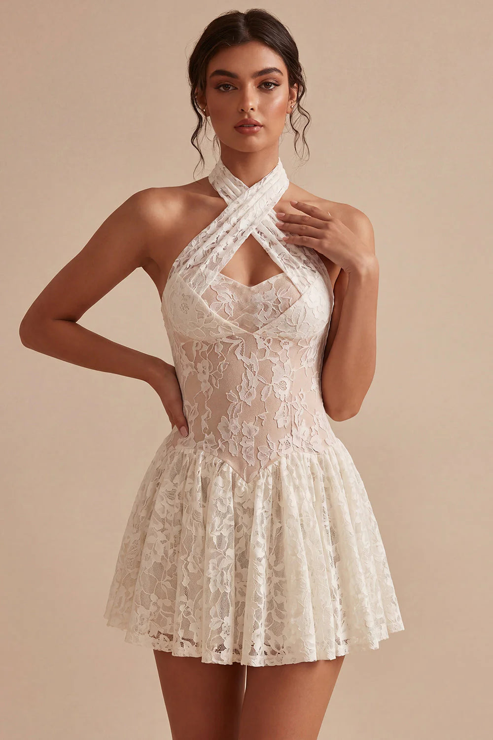 Ivory Halter A Line Lace Short Bridal Shower Dress