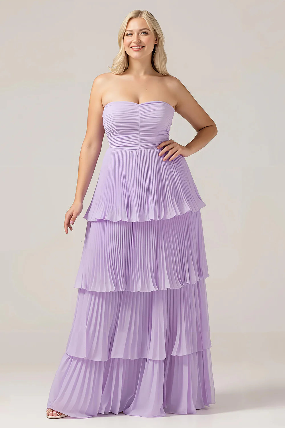 A Line Sweetheart Tiered Floor Length Chiffon Plus Size Lilac Bridesmaid Dress