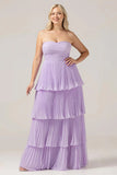 A Line Sweetheart Tiered Floor Length Chiffon Plus Size Lilac Bridesmaid Dress