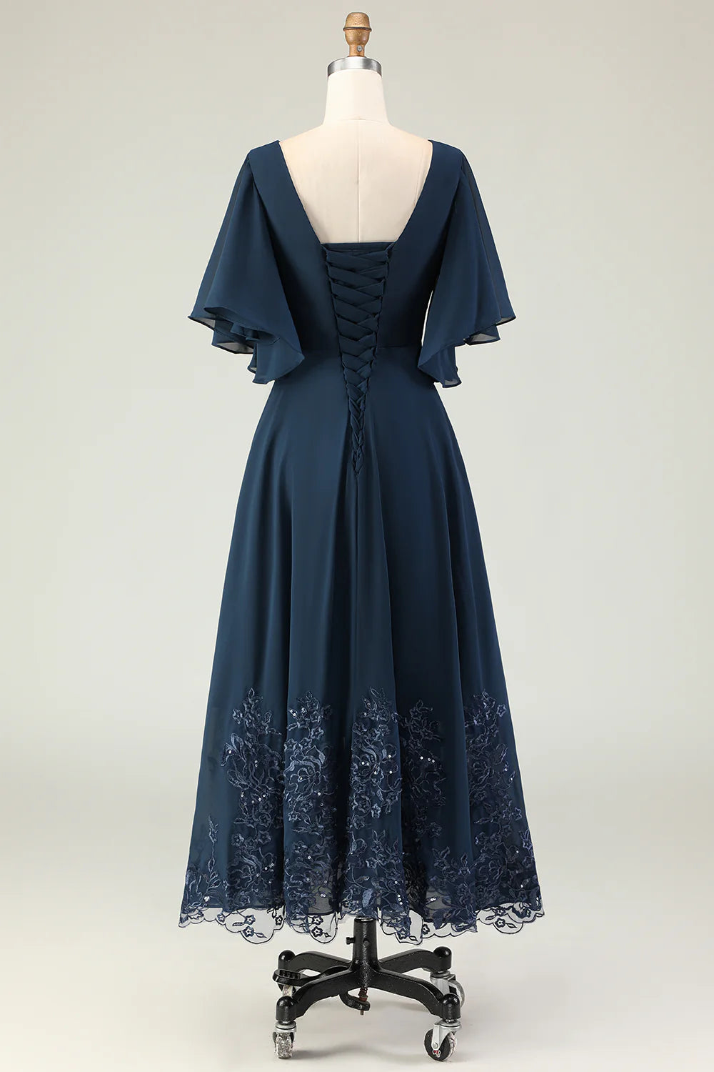 Navy A Line Embroidered Chiffon V Neck Chiffon Mother Dress with Rhinestones