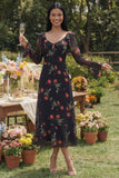 Black Floral Ruffled A Line Midi Wedding Guest Dress with Long Sleeves