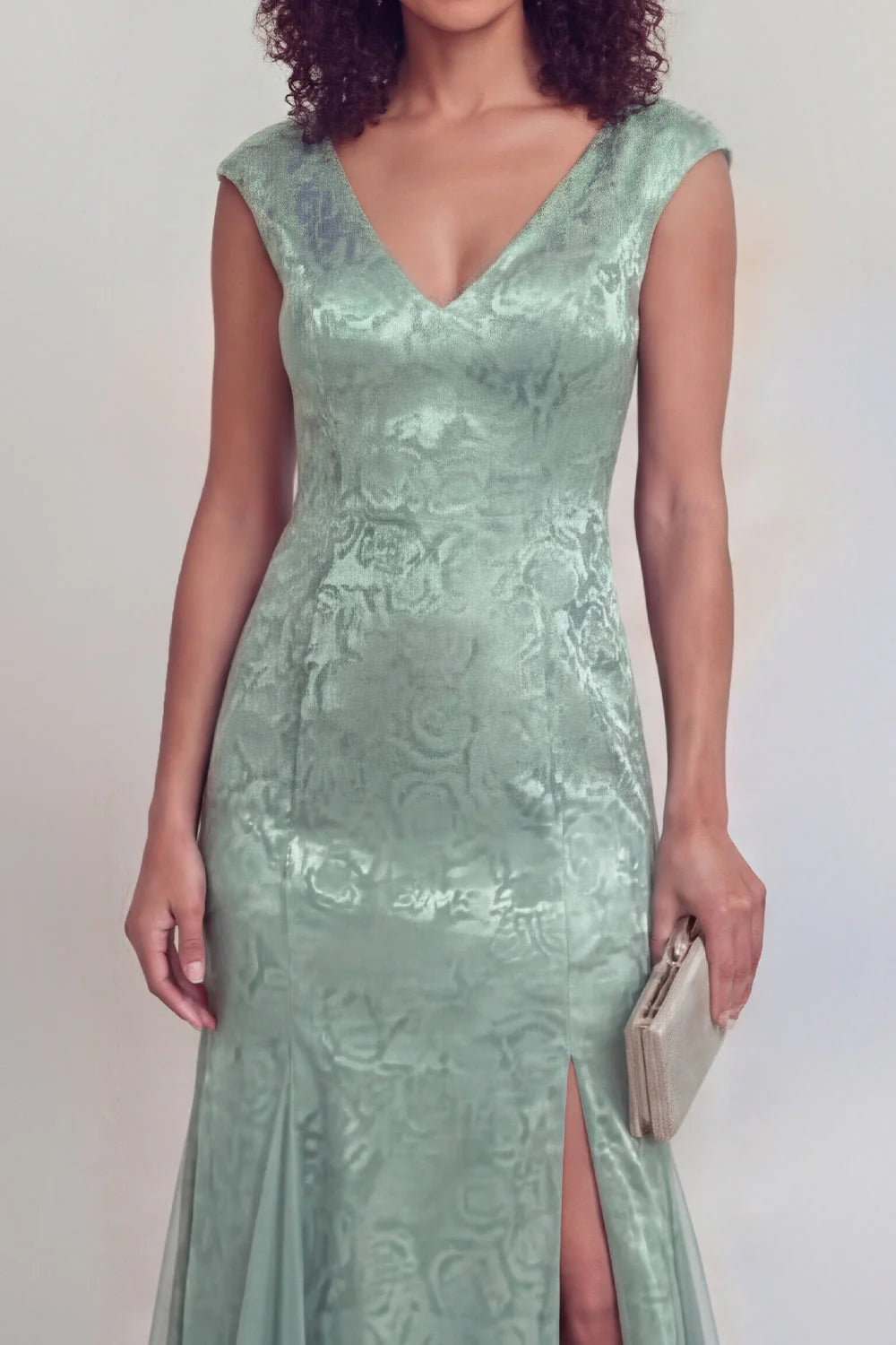 Sage Green Jacquard Mermaid V Neck Maxi Mother of the Bride Dress with Slit