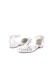 White Pointed Toe Ankle Strap Low Heels with Rhinestone